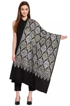 Black, Gold & Silver Ethnic Motif Embroidered Woolen Shawl (200 x 70 cm)