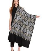 Black, Gold & Silver Ethnic Motif Embroidered Woolen Shawl (200 x 70 cm)