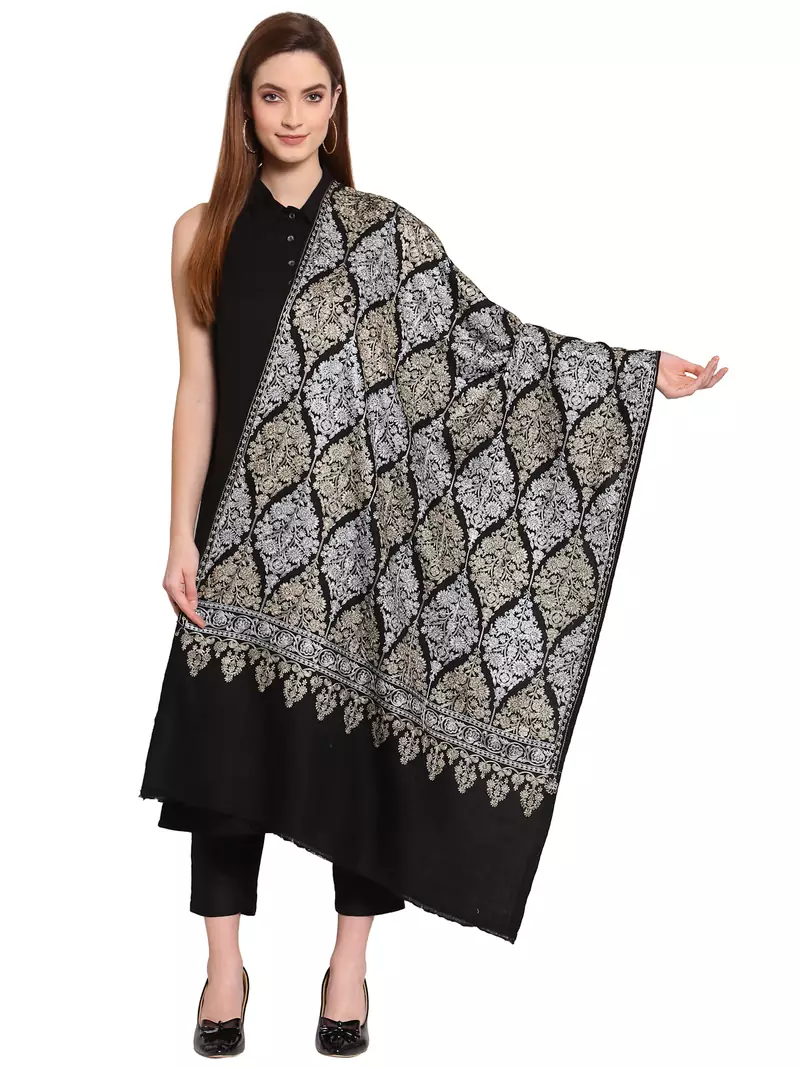 Black, Gold & Silver Ethnic Motif Embroidered Woolen Shawl (200 x 70 cm)