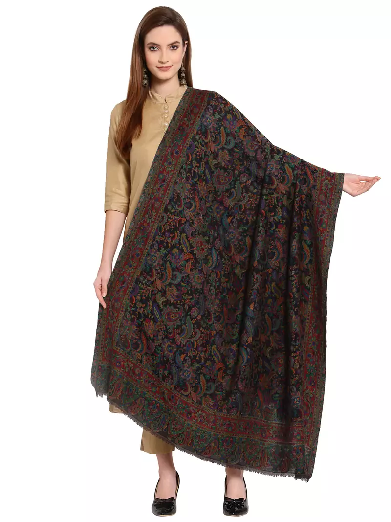 Black & Multi Floral Woven Design Woolen Shawl (200 x 110 cm)