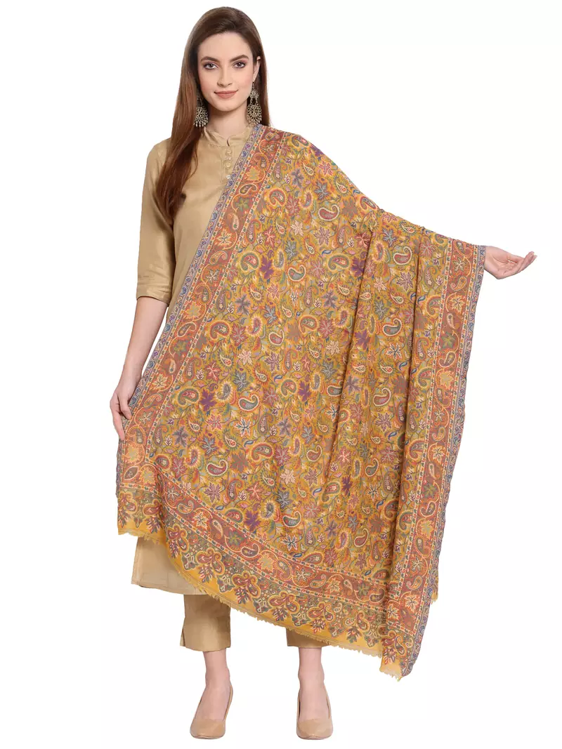 Yellow & Multi Paisley Woven Design Woolen Shawl (200 x 110 cm)
