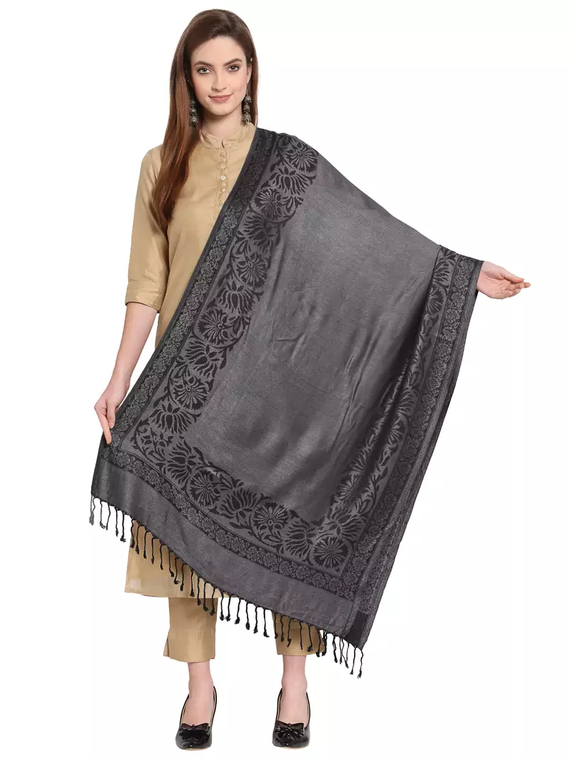 Grey & Black Woven Design Viscose Shawl (200 x 75 cm)
