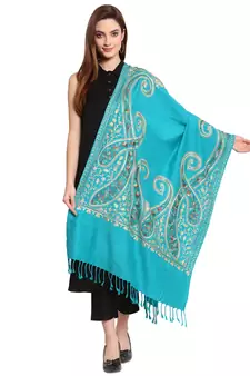 Sea Green & Gold Paisley Embroidered Acrowool Shawl (200 x 80 cm)