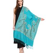 Sea Green & Gold Paisley Embroidered Acrowool Shawl (200 x 80 cm)