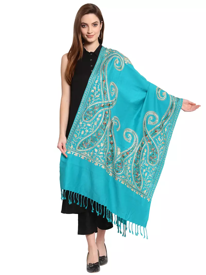 Sea Green & Gold Paisley Embroidered Acrowool Shawl (200 x 80 cm)