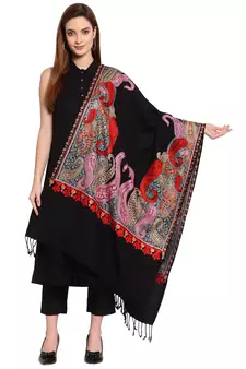 Black & Multi Paisley Embroidered Acrowool Shawl (210 x 75 cm)