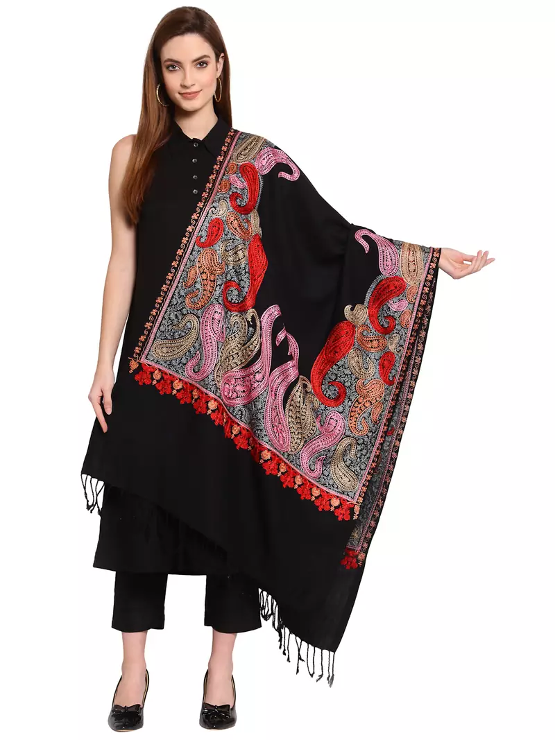 Black & Multi Paisley Embroidered Acrowool Shawl (210 x 75 cm)