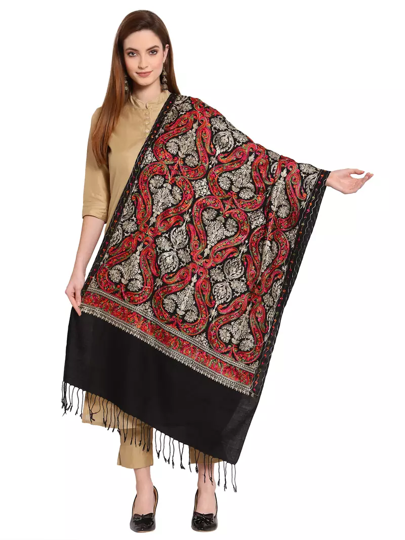 Black & Multi Paisley Embroidered Acrowool Shawl (210 x 75 cm)