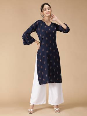 Rayon Printed Bell Flared Sleeves Straight Women Kurti (Navy Blue) 1