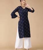 Rayon Printed Bell Flared Sleeves Straight Women Kurti (Navy Blue)