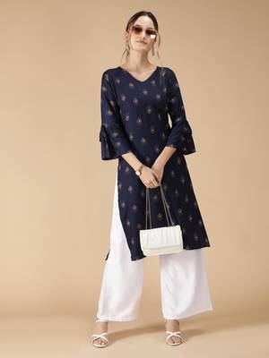 Rayon Printed Bell Flared Sleeves Straight Women Kurti (Navy Blue) 2