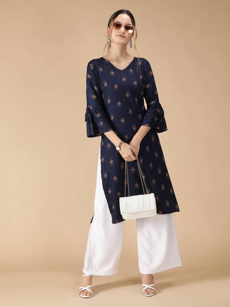 Rayon Printed Bell Flared Sleeves Straight Women Kurti (Navy Blue)
