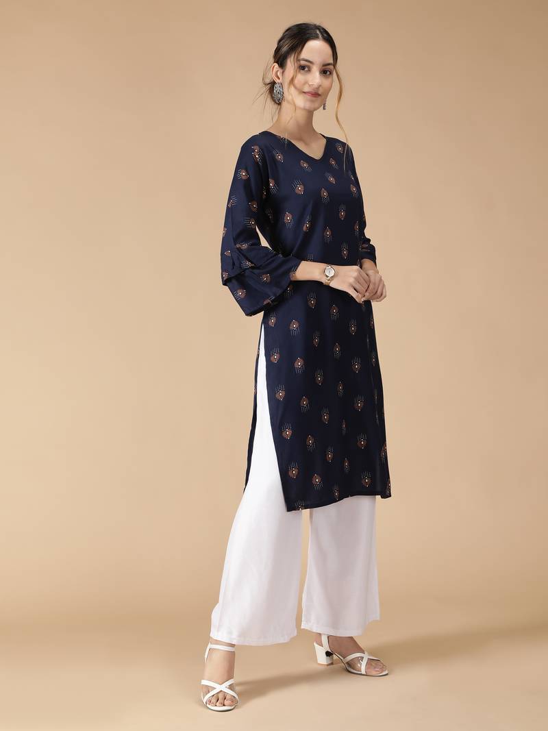 Rayon Printed Bell Flared Sleeves Straight Women Kurti (Navy Blue)