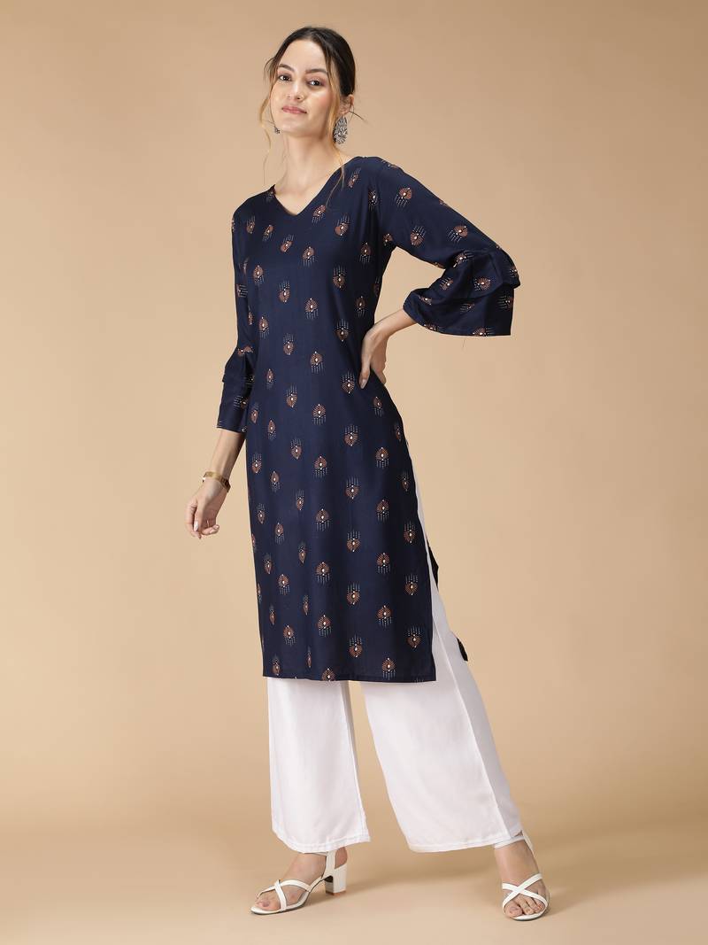 Rayon Printed Bell Flared Sleeves Straight Women Kurti (Navy Blue)