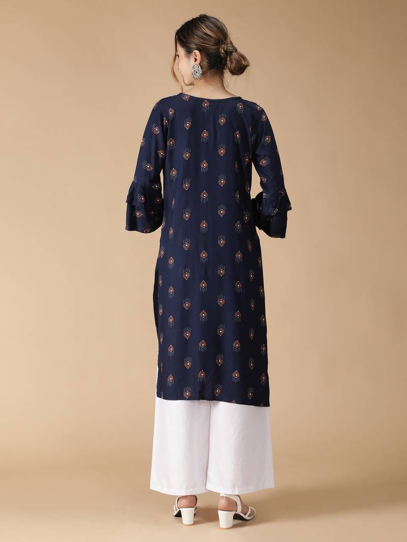 Rayon Printed Bell Flared Sleeves Straight Women Kurti (Navy Blue)