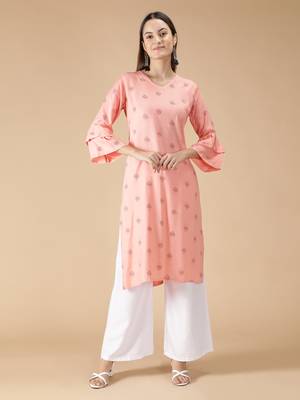 Rayon Printed Bell Flared Sleeves Straight Women Kurti (Peach) 1