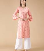 Rayon Printed Bell Flared Sleeves Straight Women Kurti (Peach)