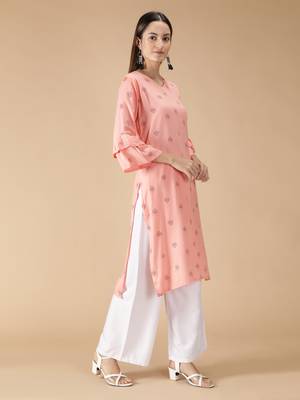 Rayon Printed Bell Flared Sleeves Straight Women Kurti (Peach) 2