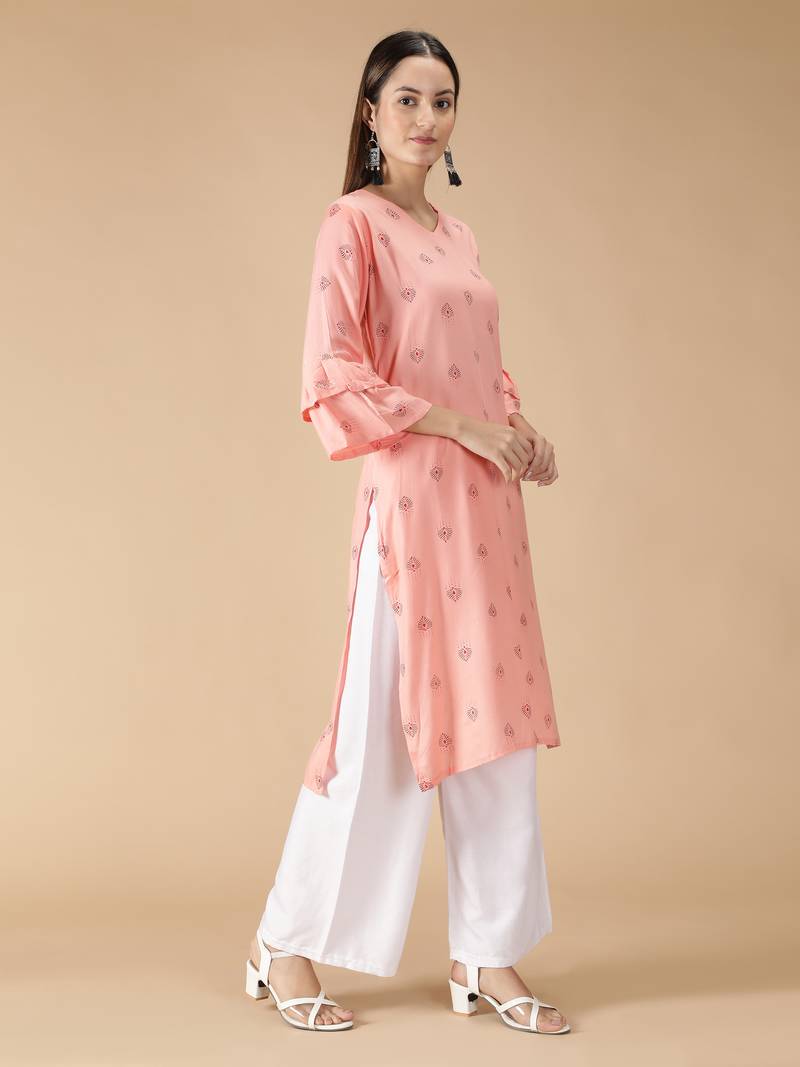 Rayon Printed Bell Flared Sleeves Straight Women Kurti (Peach)