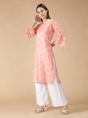 Rayon Printed Bell Flared Sleeves Straight Women Kurti (Peach) 3