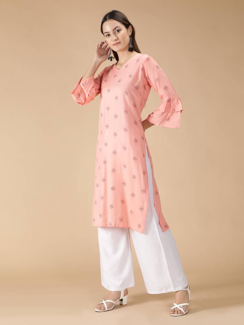 Rayon Printed Bell Flared Sleeves Straight Women Kurti (Peach)