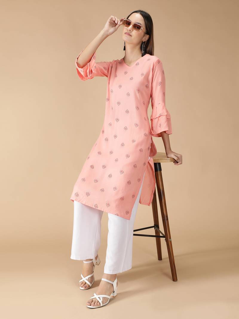Rayon Printed Bell Flared Sleeves Straight Women Kurti (Peach)