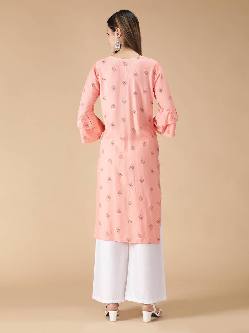 Rayon Printed Bell Flared Sleeves Straight Women Kurti (Peach)