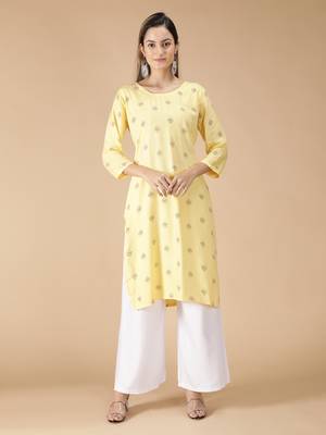 Rayon Printed Straight Ladies Kurti (Yellow) 1