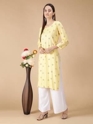 Rayon Printed Straight Ladies Kurti (Yellow) 2