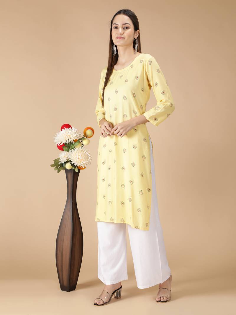 Rayon Printed Straight Ladies Kurti (Yellow)