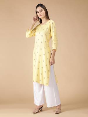 Rayon Printed Straight Ladies Kurti (Yellow) 3