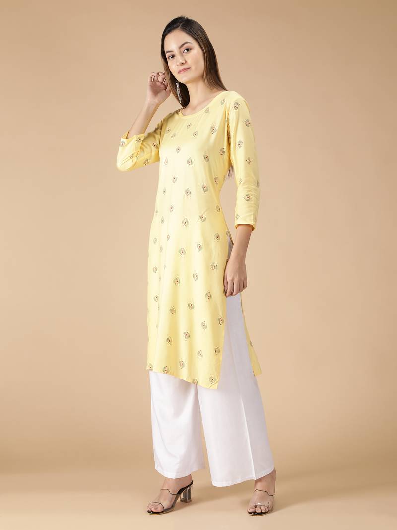 Rayon Printed Straight Ladies Kurti (Yellow)