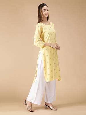 Rayon Printed Straight Ladies Kurti (Yellow) 4