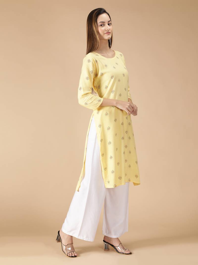 Rayon Printed Straight Ladies Kurti (Yellow)