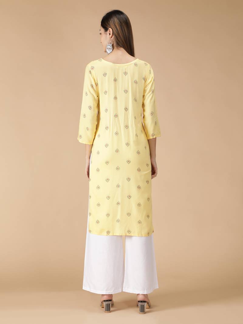 Rayon Printed Straight Ladies Kurti (Yellow)
