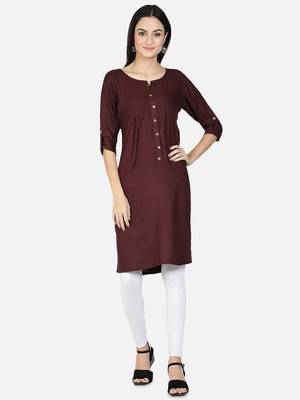 Rayon Solid Plain A-Line Women Kurti (Brown) 1