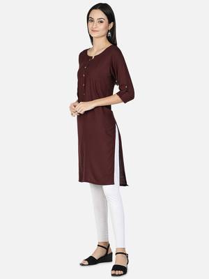Rayon Solid Plain A-Line Women Kurti (Brown) 2