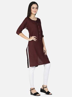 Rayon Solid Plain A-Line Women Kurti (Brown) 3