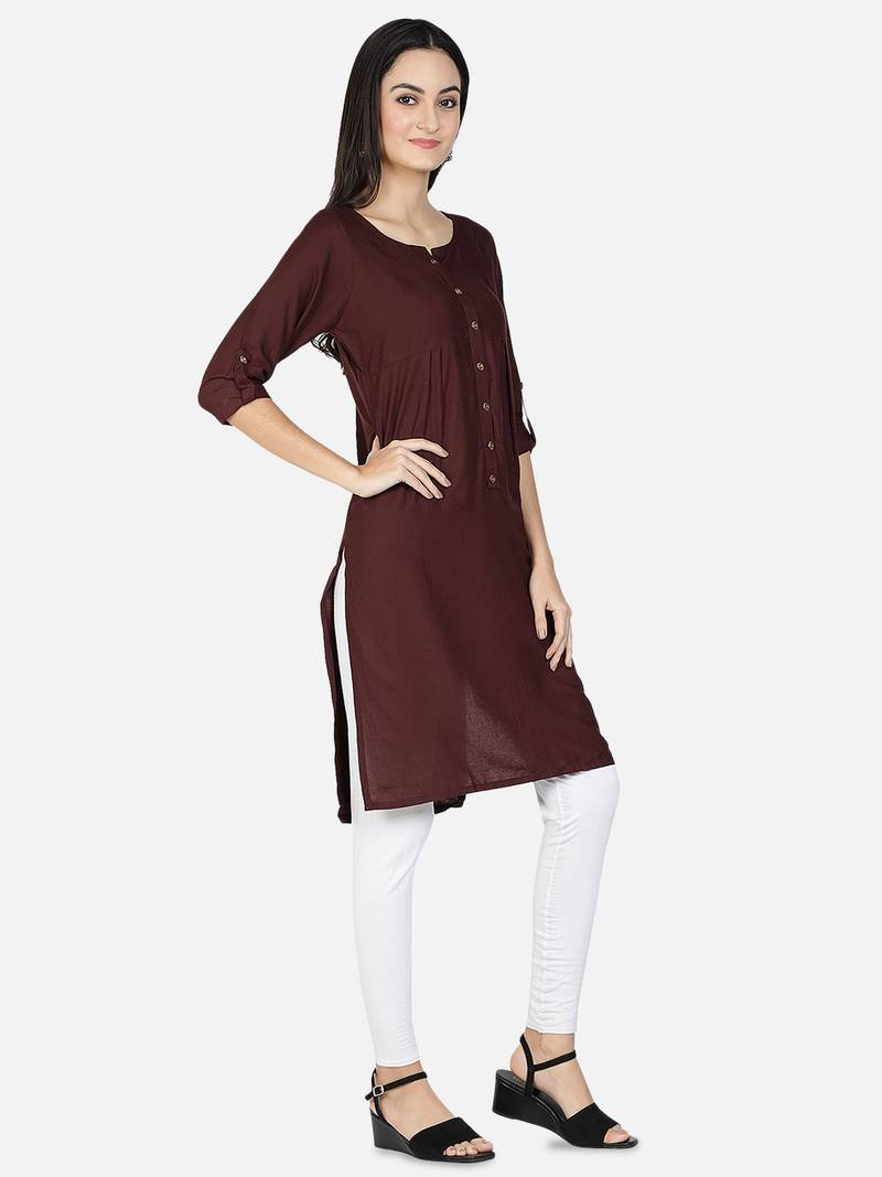 Rayon Solid Plain A-Line Women Kurti (Brown)