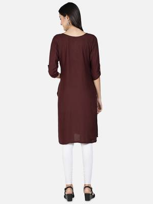 Rayon Solid Plain A-Line Women Kurti (Brown) 4