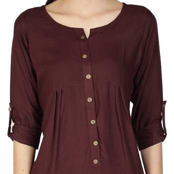 Rayon Solid Plain A-Line Women Kurti (Brown) 5