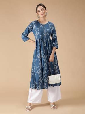 Rayon Flared & Front Slit Floral Foil Printed Women Kurti (Blue) 1