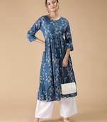 Rayon Flared & Front Slit Floral Foil Printed Women Kurti (Blue)