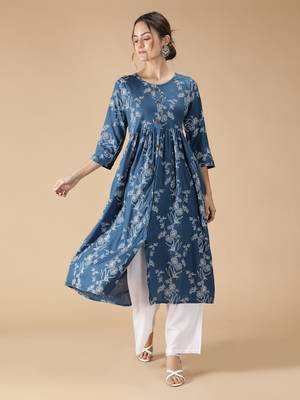 Rayon Flared & Front Slit Floral Foil Printed Women Kurti (Blue) 2