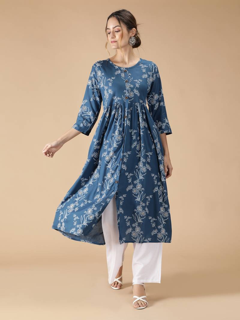 Rayon Flared & Front Slit Floral Foil Printed Women Kurti (Blue)