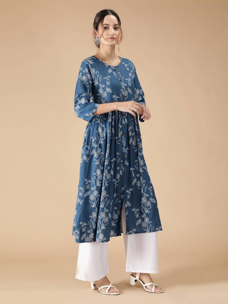 Rayon Flared & Front Slit Floral Foil Printed Women Kurti (Blue)
