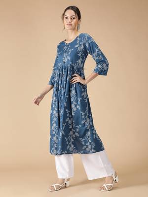 Rayon Flared & Front Slit Floral Foil Printed Women Kurti (Blue) 4