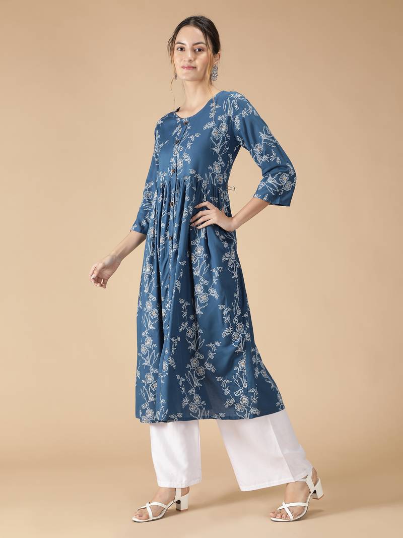 Rayon Flared & Front Slit Floral Foil Printed Women Kurti (Blue)