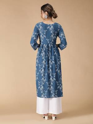 Rayon Flared & Front Slit Floral Foil Printed Women Kurti (Blue) 5