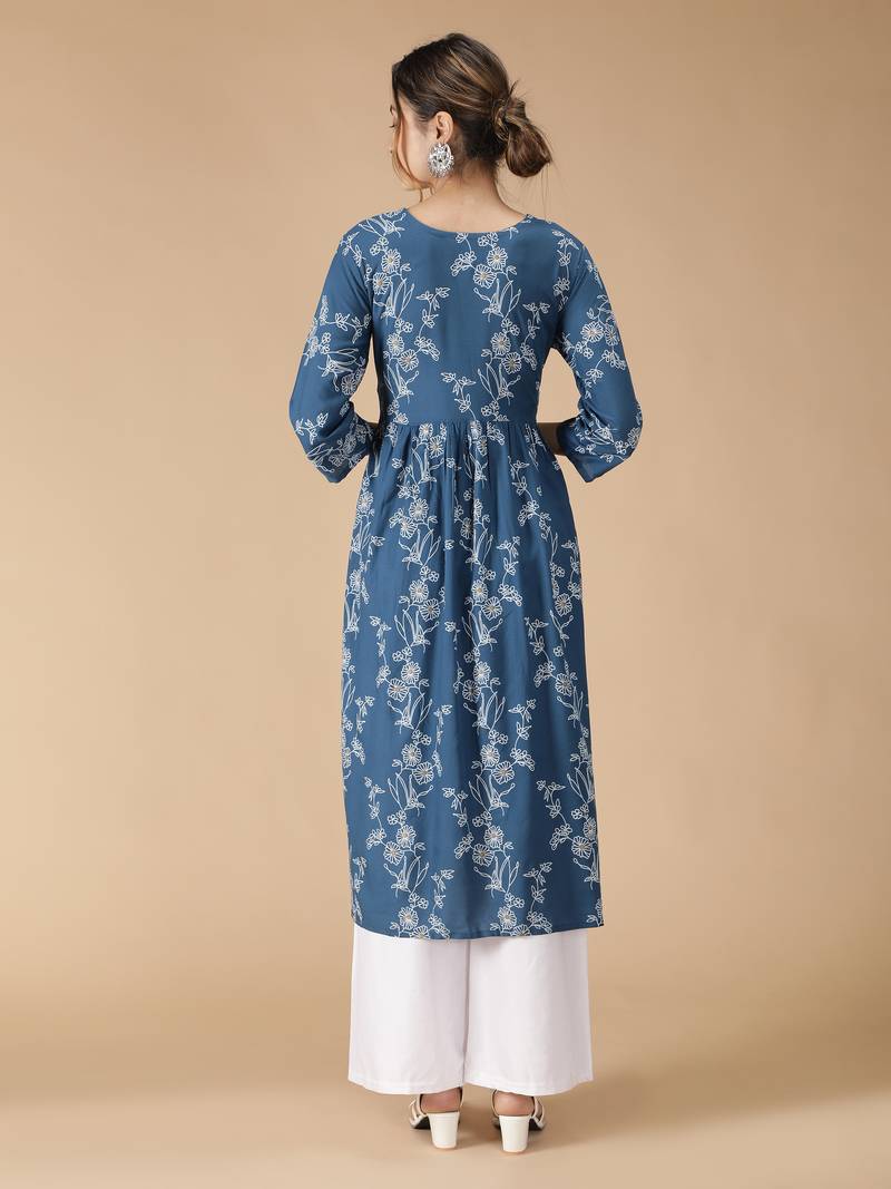 Rayon Flared & Front Slit Floral Foil Printed Women Kurti (Blue)